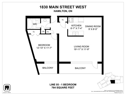A floor plan for a home at 1830 Main Street West, Hamilton, ON is presented.
